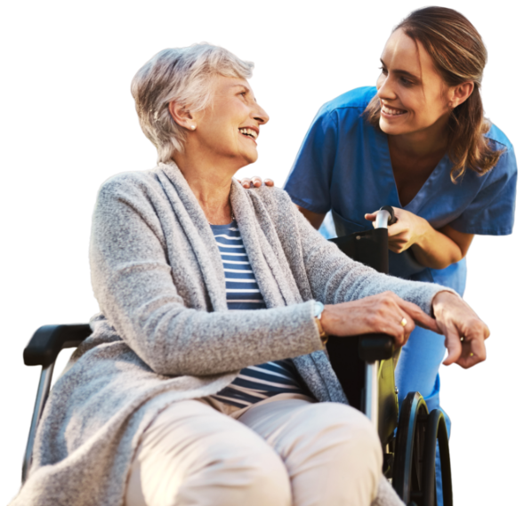 nurse looking at elder whose sitting in the wheelchair